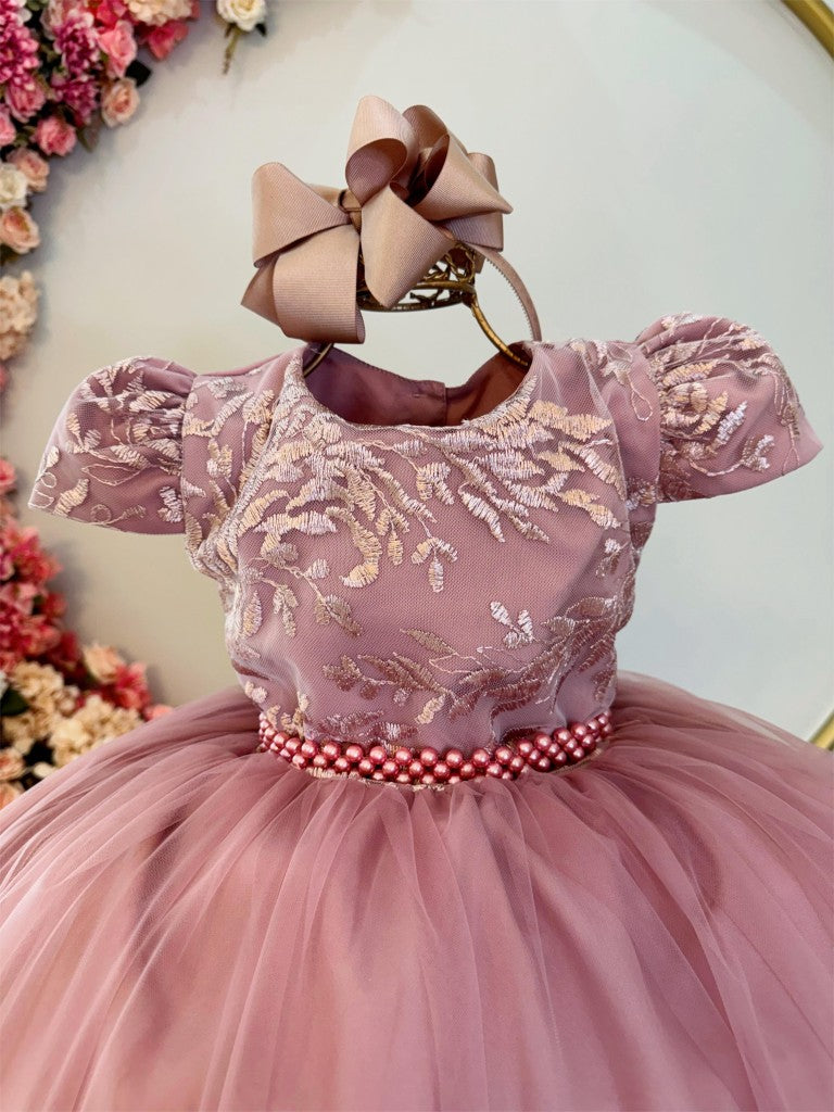 Vestido Infantil Rosa em Tule com Renda e Pérolas com Laço para Daminhas