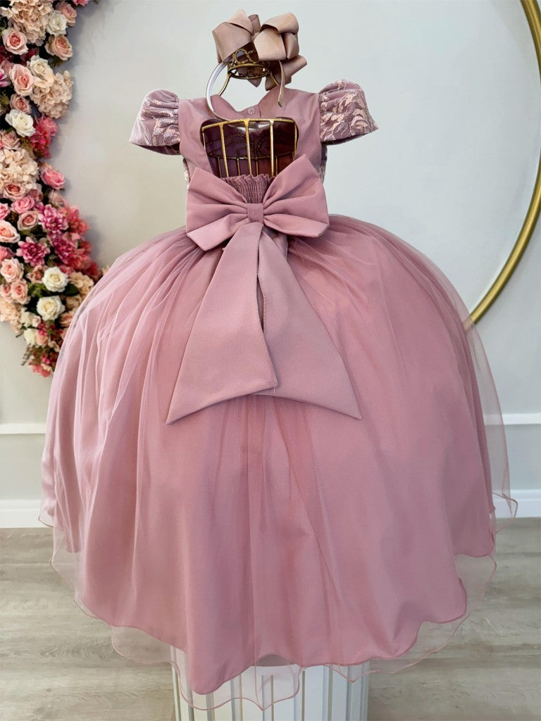 Vestido Infantil Rosa em Tule com Renda e Pérolas com Laço para Daminhas