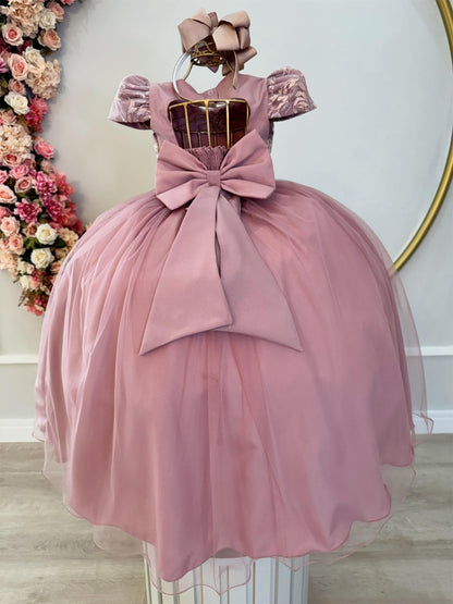 Vestido Infantil Rosa em Tule com Renda e Pérolas com Laço para Daminhas