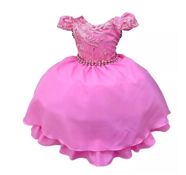 Vestido Infantil Rosa Chiclete em Renda com Pérolas e Tiara para Daminhas