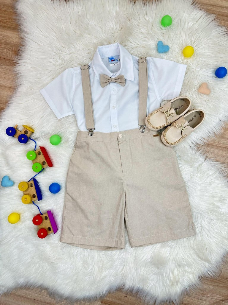 Conjunto Social Infantil Bege em Algodão com Camisa e Suspensório para Festa