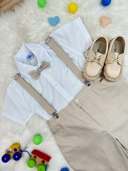 Conjunto Social Infantil Bege em Algodão com Camisa e Suspensório para Festa