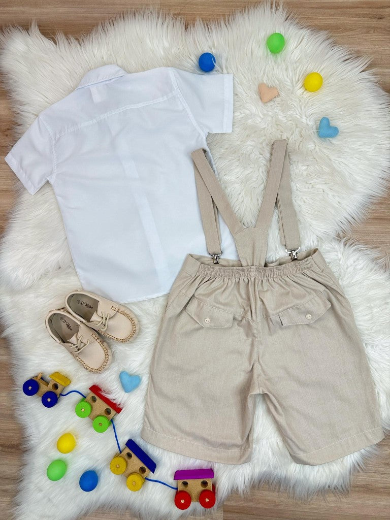 Conjunto Social Infantil Bege em Algodão com Camisa e Suspensório para Festa