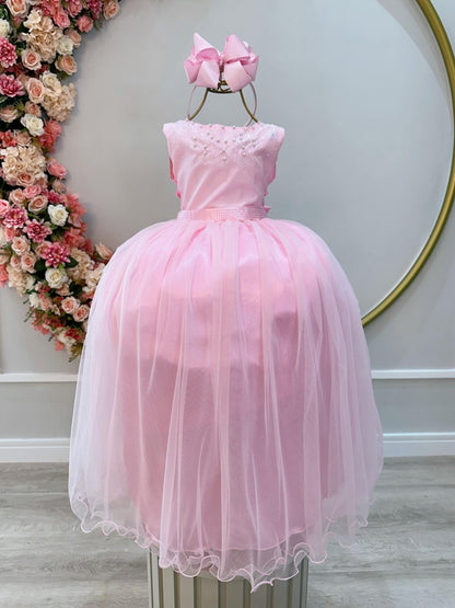 Vestido Infantil Damas de Honra Longo Rosa Strass e Pérolas