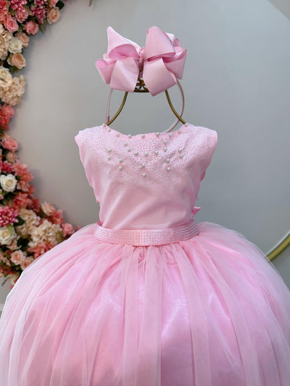 Vestido Infantil Damas de Honra Longo Rosa Strass e Pérolas