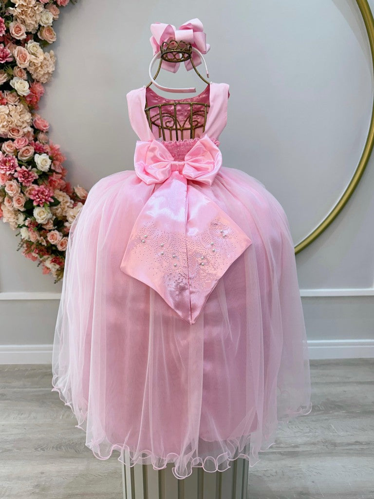 Vestido Infantil Damas de Honra Longo Rosa Strass e Pérolas
