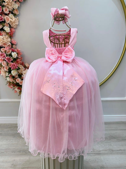 Vestido Infantil Damas de Honra Longo Rosa Strass e Pérolas