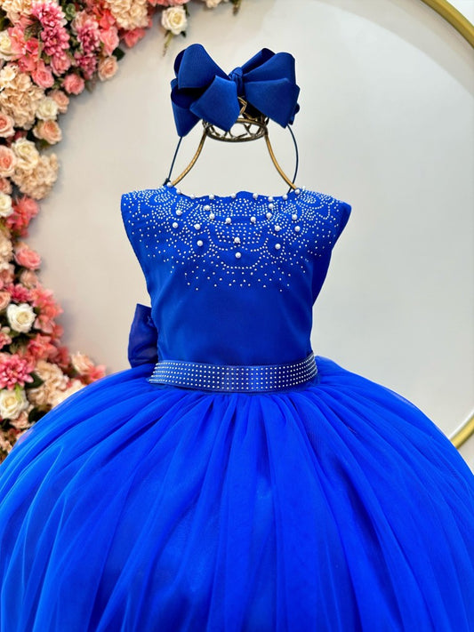 Vestido Infantil Damas de Honra Longo Azul Royal C/ Pérolas