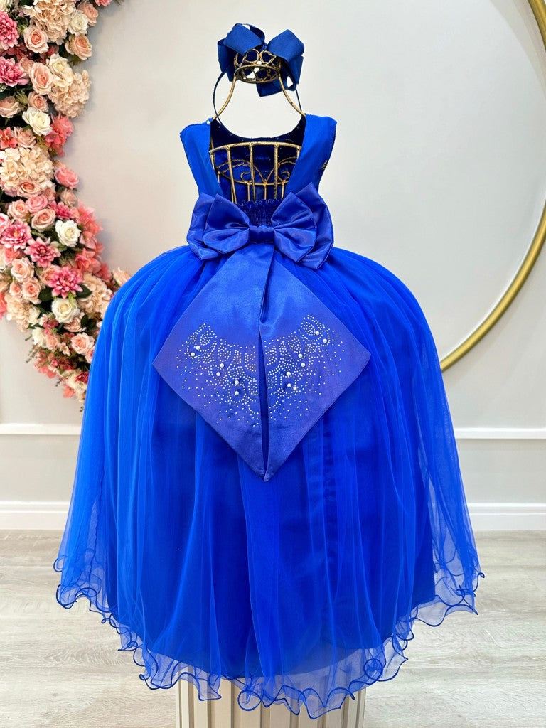 Vestido Infantil Damas de Honra Longo Azul Royal C/ Pérolas