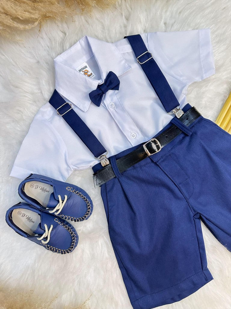 Conjunto Social Camisa Gravata Short e Susp. Azul Marinho