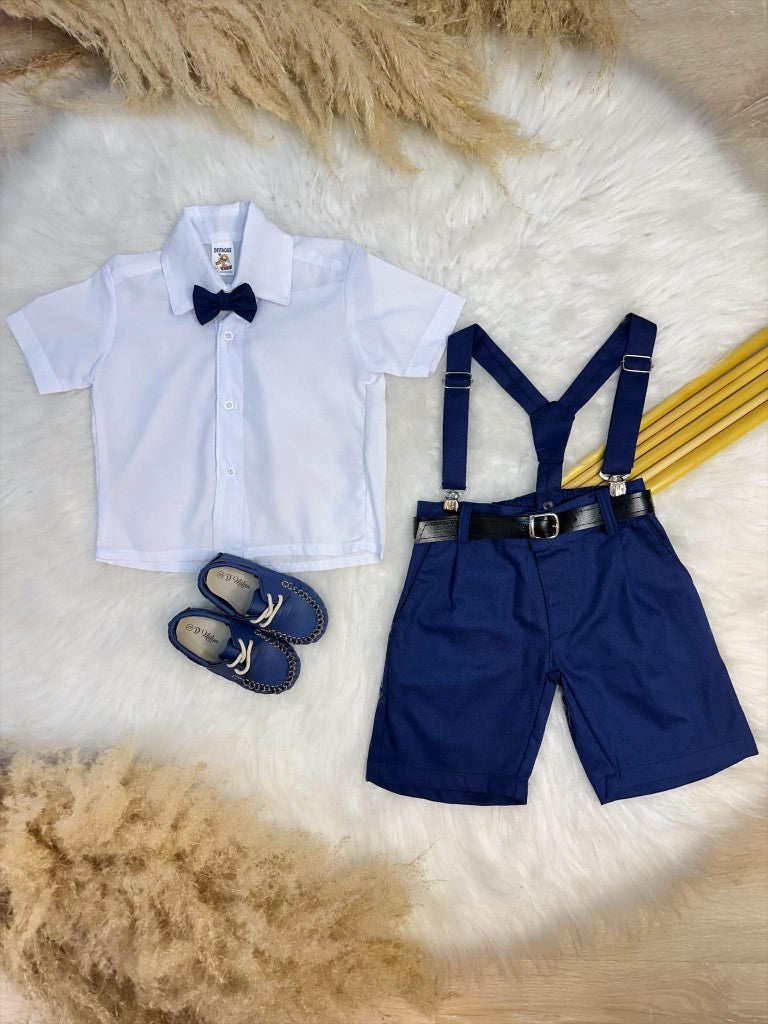 Conjunto Social Camisa Gravata Short e Susp. Azul Marinho