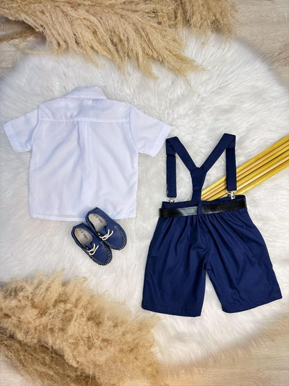 Conjunto Social Camisa Gravata Short e Susp. Azul Marinho