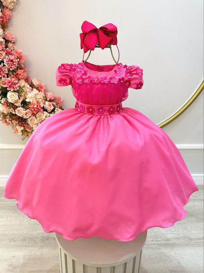Vestido Infantil Pink em Tule com Aplique de Flores e Laço