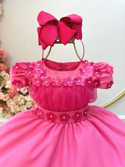 Vestido Infantil Pink em Tule com Aplique de Flores e Laço