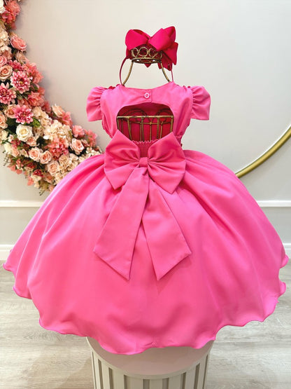 Vestido Infantil Pink em Tule com Aplique de Flores e Laço