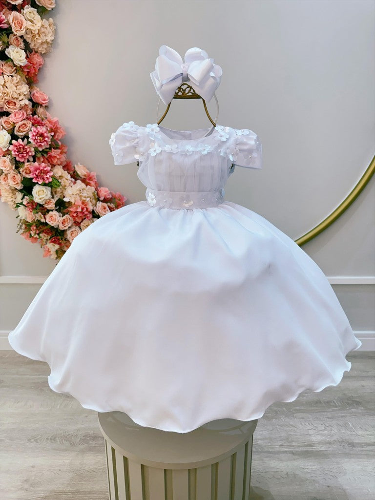Vestido Infantil Branco em Tule com Aplique de Flores e Saia Rodada para Daminhas