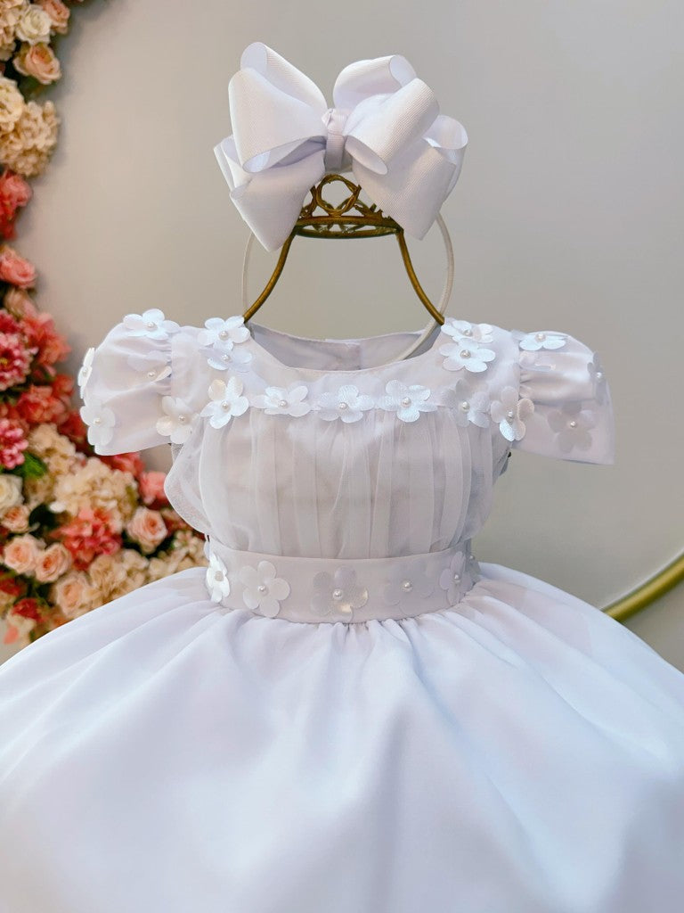 Vestido Infantil Branco em Tule com Aplique de Flores e Saia Rodada para Daminhas