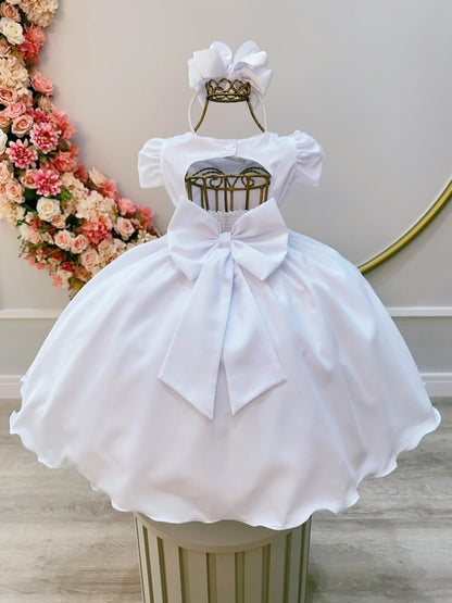 Vestido Infantil Branco em Tule com Aplique de Flores e Saia Rodada para Daminhas