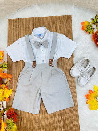 Conjunto Social Infantil Branco em Algodão com Short Cinza e Gravata Borboleta para Festa