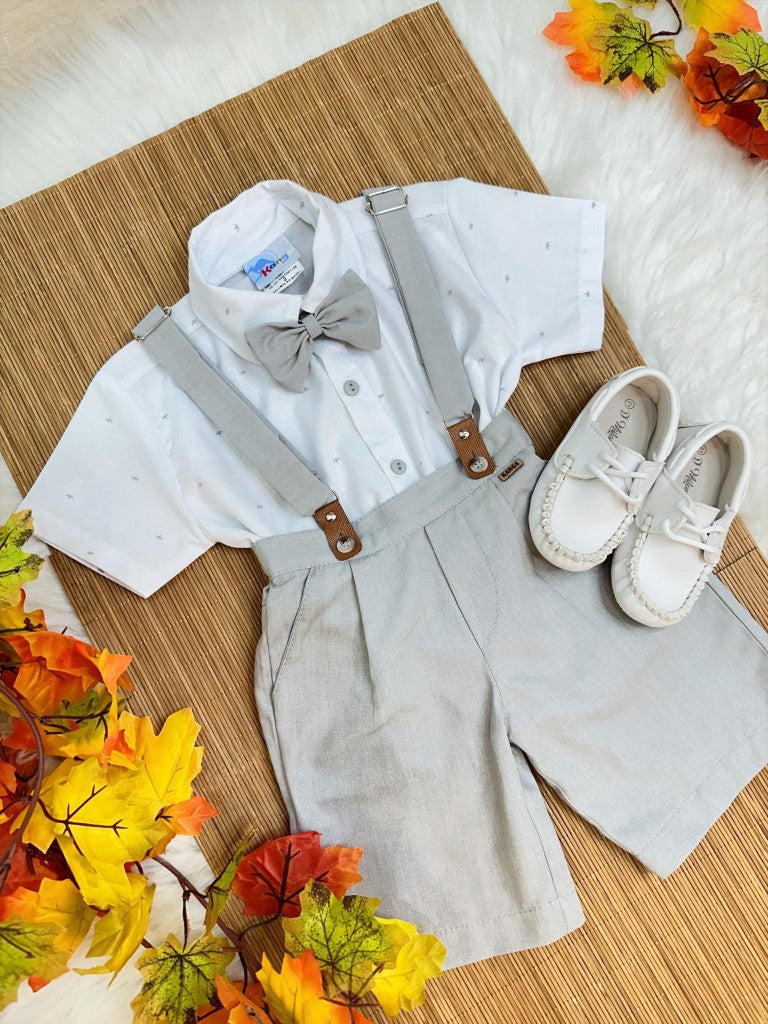Conjunto Social Infantil Branco em Algodão com Short Cinza e Gravata Borboleta para Festa