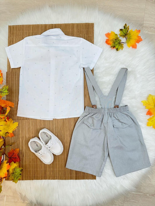 Conjunto Social Infantil Branco em Algodão com Short Cinza e Gravata Borboleta para Festa