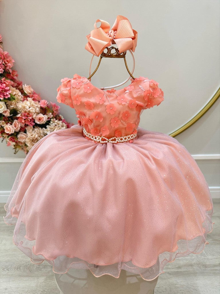 Vestido Infantil Salmão em Tule com Glitter e Apliques de Flores Saia Rodada para Festa de Aniversário