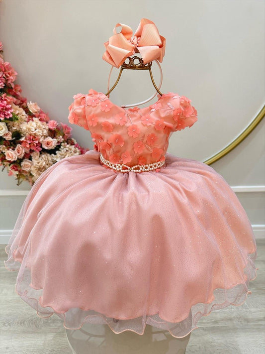 Vestido Infantil Salmão em Tule com Glitter e Apliques de Flores Saia Rodada para Festa de Aniversário