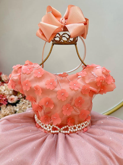 Vestido Infantil Salmão em Tule com Glitter e Apliques de Flores Saia Rodada para Festa de Aniversário