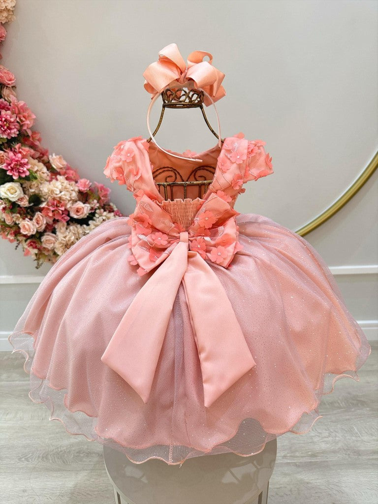 Vestido Infantil Salmão em Tule com Glitter e Apliques de Flores Saia Rodada para Festa de Aniversário