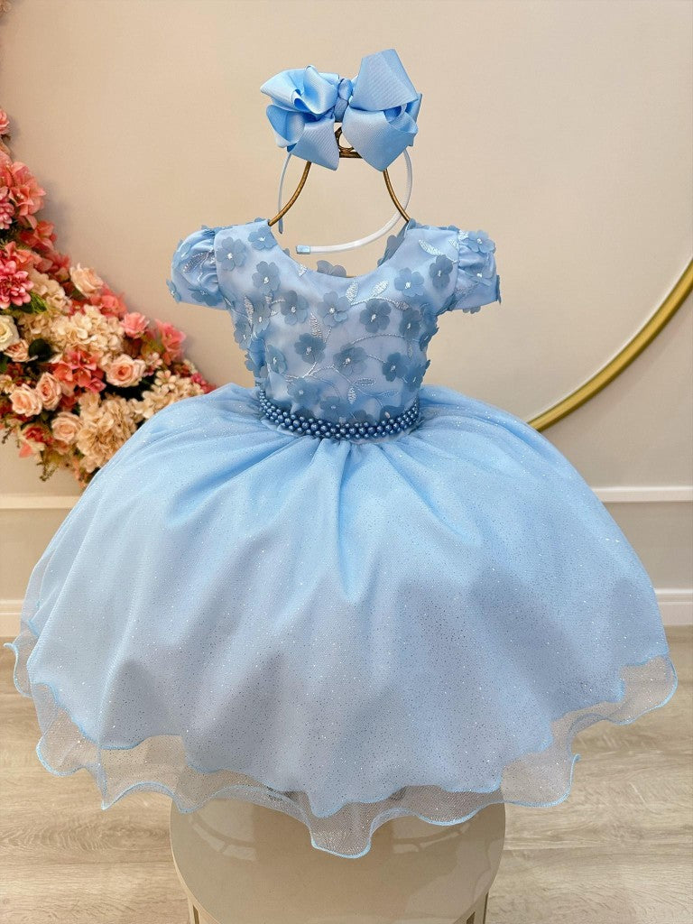 Vestido Infantil Azul em Tulle com Glitter e Apliques de Flores Saia Rodada para Festa de Aniversário