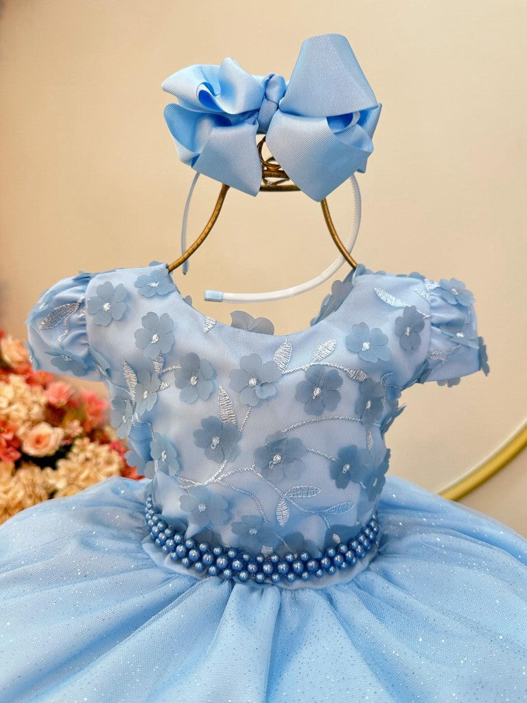Vestido Infantil Azul em Tulle com Glitter e Apliques de Flores Saia Rodada para Festa de Aniversário