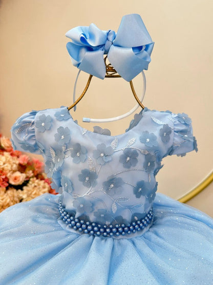 Vestido Infantil Azul em Tulle com Glitter e Apliques de Flores Saia Rodada para Festa de Aniversário
