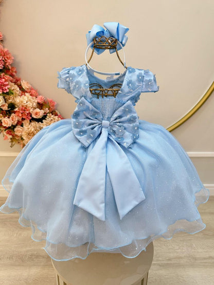Vestido Infantil Azul em Tulle com Glitter e Apliques de Flores Saia Rodada para Festa de Aniversário