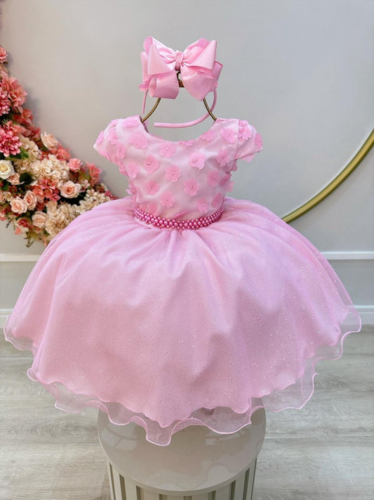 Vestido Infantil Rosa em Cetim com Glitter e Apliques de Flores com Saia Rodada para Estilo Princesa