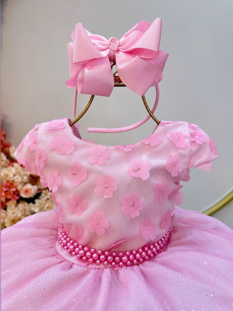 Vestido Infantil Rosa em Cetim com Glitter e Apliques de Flores com Saia Rodada para Estilo Princesa