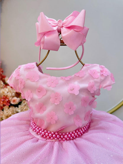Vestido Infantil Rosa em Cetim com Glitter e Apliques de Flores com Saia Rodada para Estilo Princesa