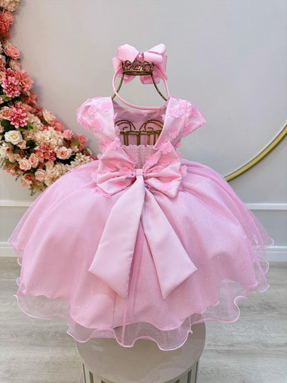 Vestido Infantil Rosa em Cetim com Glitter e Apliques de Flores com Saia Rodada para Estilo Princesa