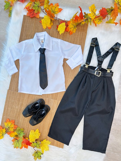 Conjunto Social Infantil Branco em Poliéster com Calça em Algodão Suspensório Removível e Gravata Preta para Festa