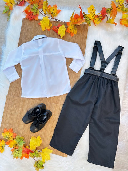 Conjunto Social Infantil Branco em Poliéster com Calça em Algodão Suspensório Removível e Gravata Preta para Festa