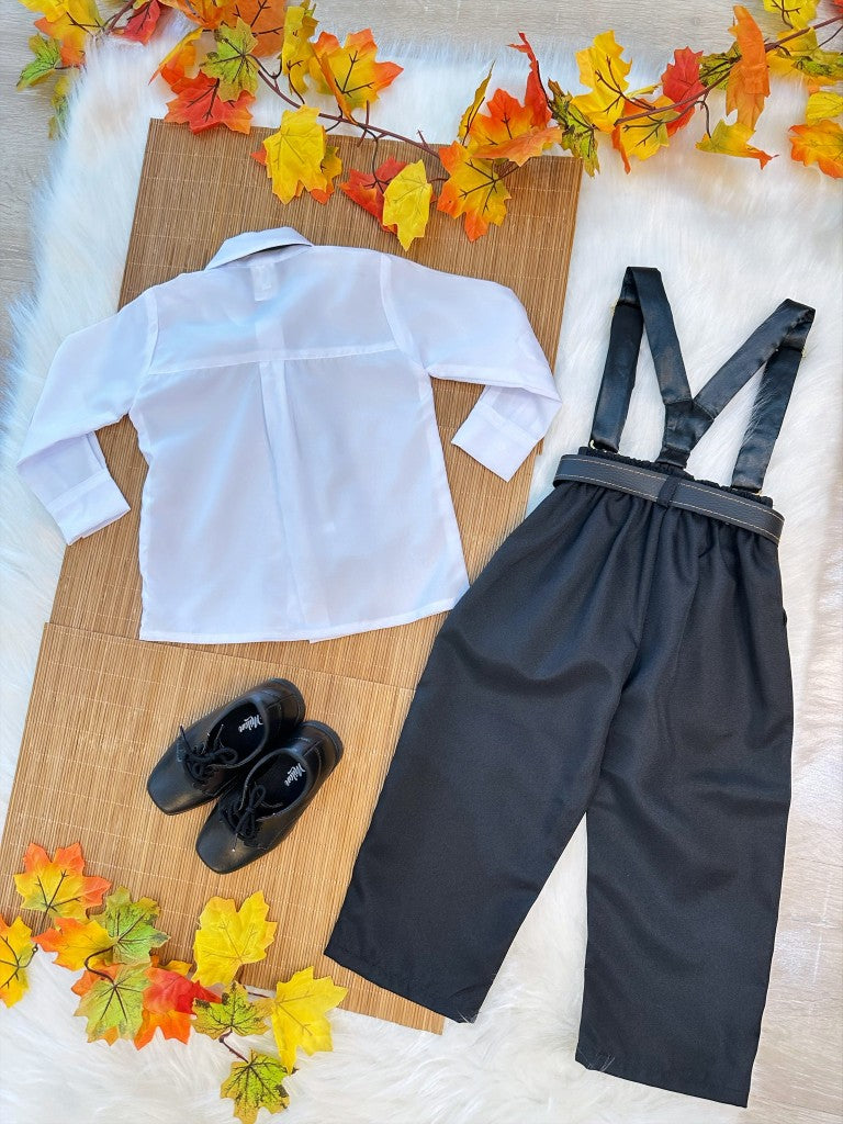Conjunto Social Infantil Branco em Poliéster com Calça em Algodão Suspensório Removível e Gravata Preta para Festa