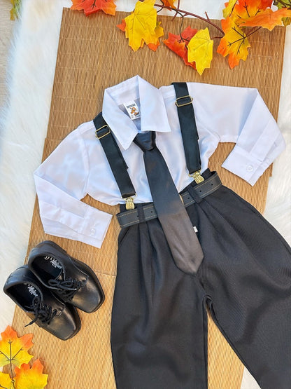 Conjunto Social Infantil Branco em Poliéster com Calça em Algodão Suspensório Removível e Gravata Preta para Festa