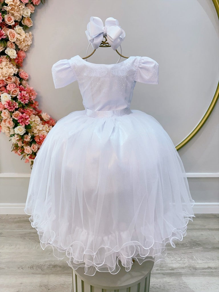 Vestido Infantil Branco em Cetim com Strass Saia Rodada para Casamento Luxo