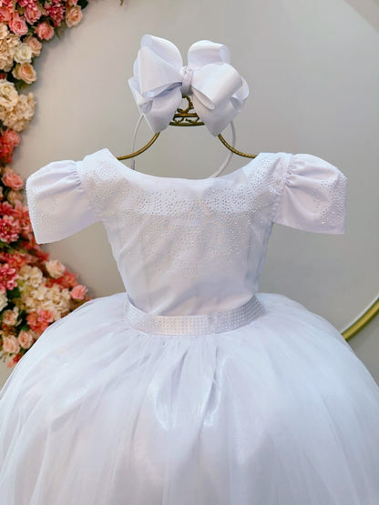 Vestido Infantil Branco em Cetim com Strass Saia Rodada para Casamento Luxo