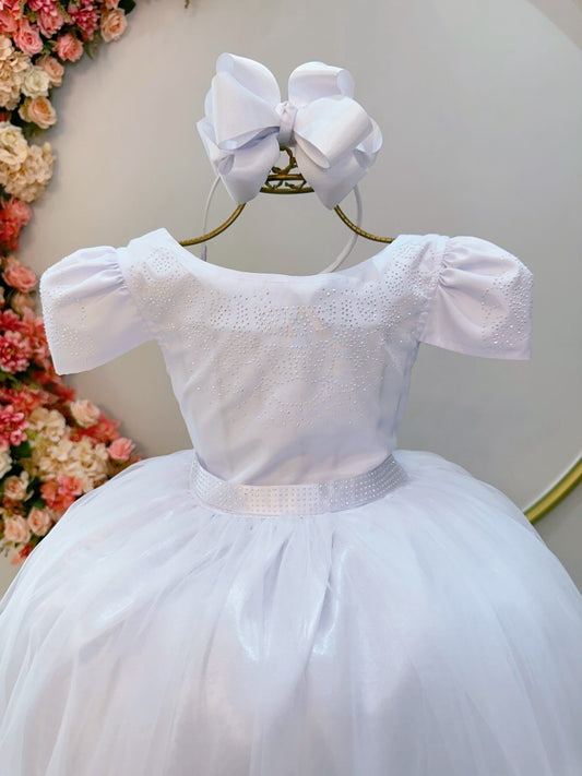 Vestido Infantil Branco em Cetim com Strass Saia Rodada para Casamento Luxo