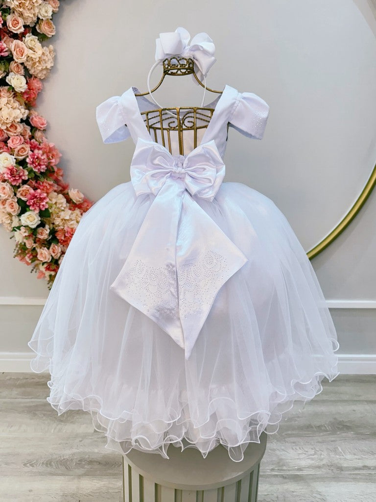 Vestido Infantil Branco em Cetim com Strass Saia Rodada para Casamento Luxo