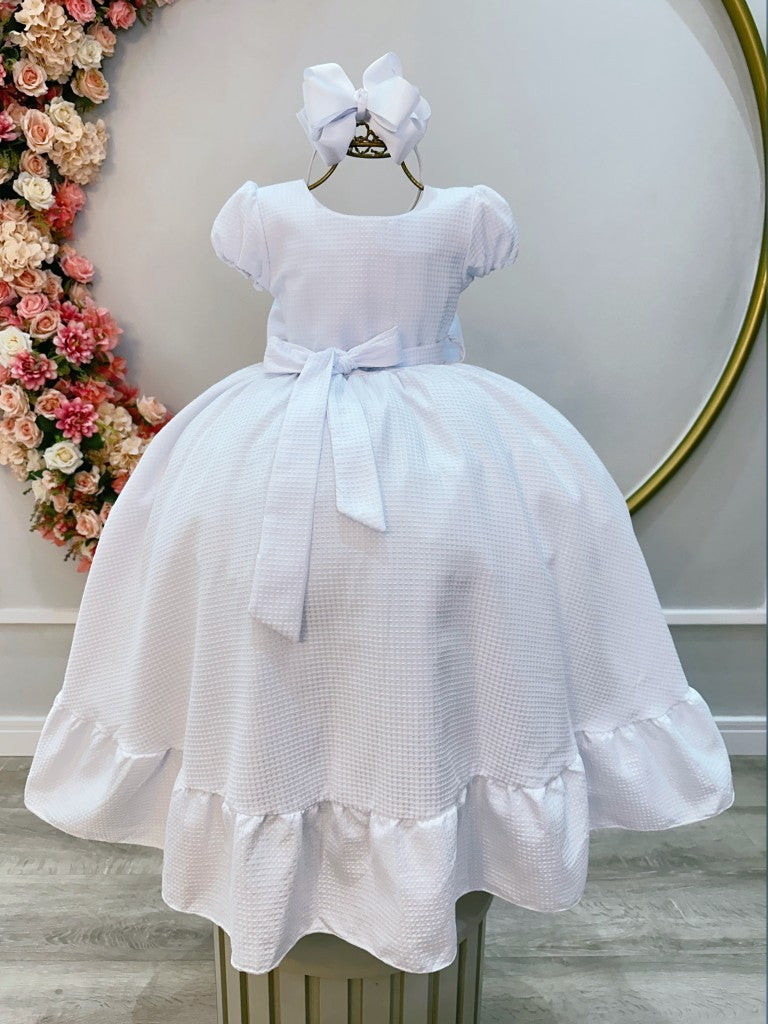Vestido Infantil Branco em Maquinetado Luxo com Saia Longa para Damas