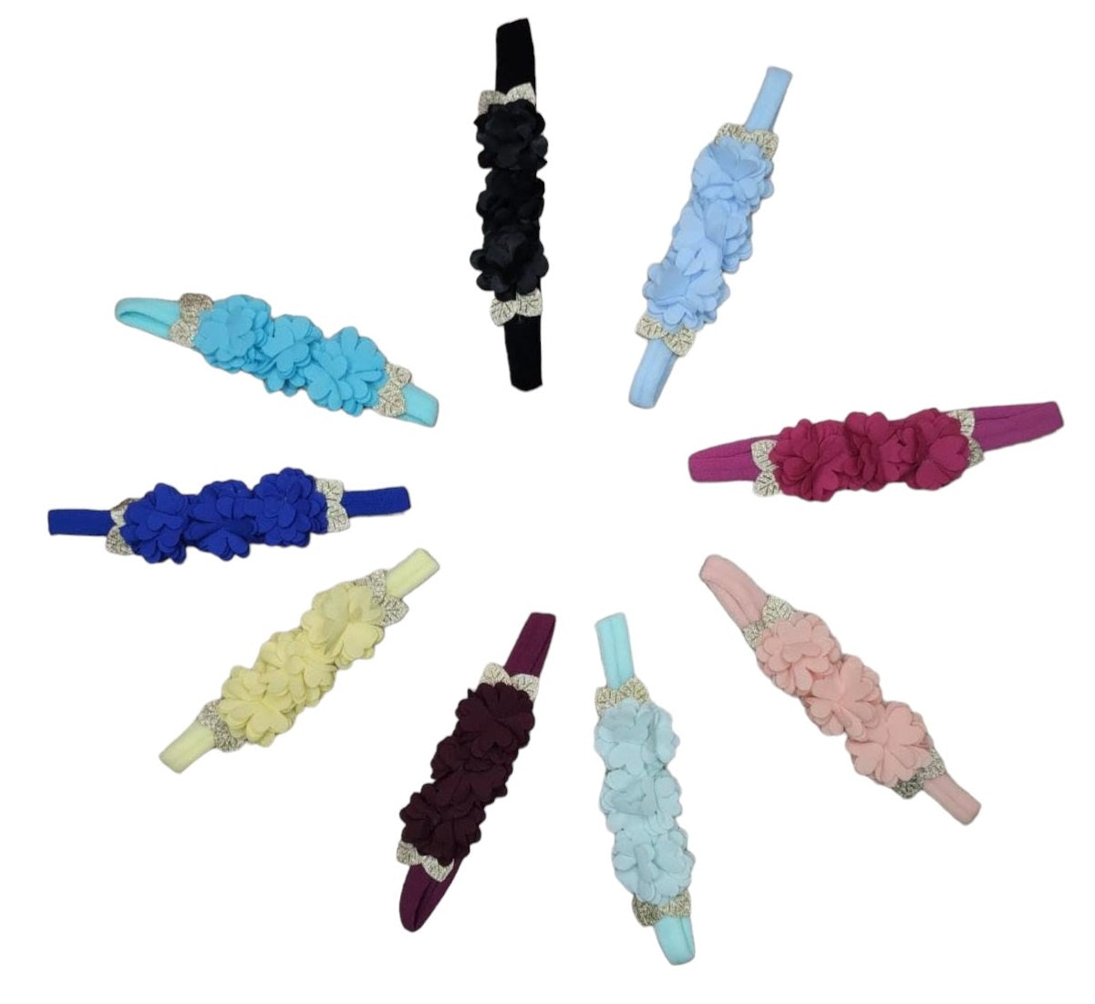 Faixinha de Cabelo Bebê Dourada em Meia de Seda com Apliques de Flores para Dam