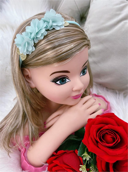 Faixinha de Cabelo Bebê Dourada em Meia de Seda com Apliques de Flores para Dam