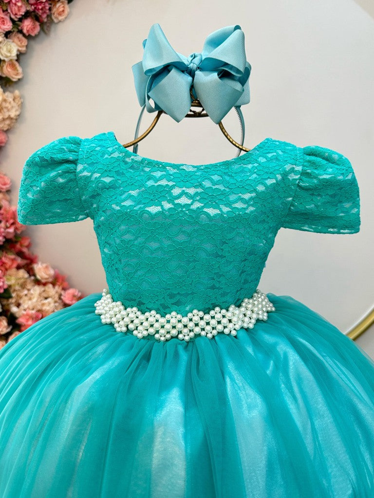 Vestido Infantil Verde Tule Renda Longo Dama Luxo Casamento