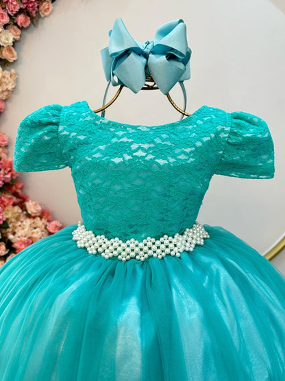 Vestido Infantil Verde Tule Renda Longo Dama Luxo Casamento